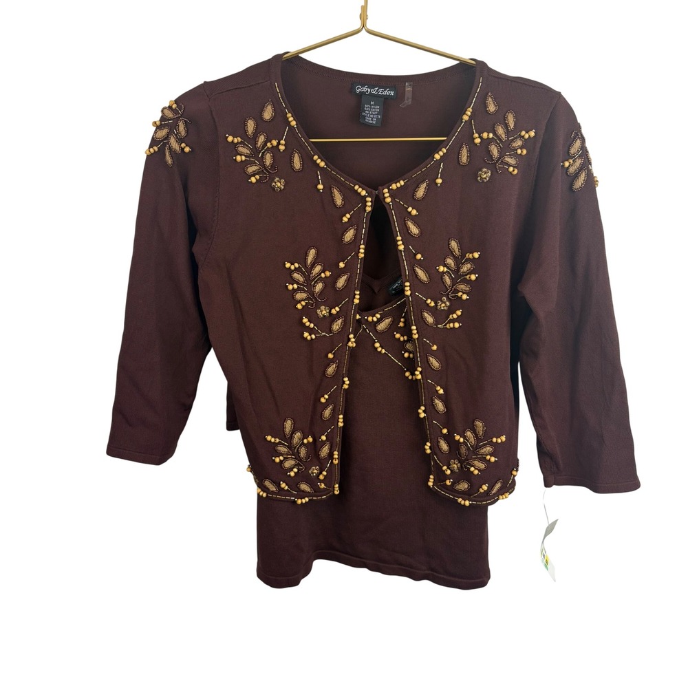 Deadstock 90s Gaby & Eden Brown Beaded Floral Sweater Set Cardigan Tank Med Boho